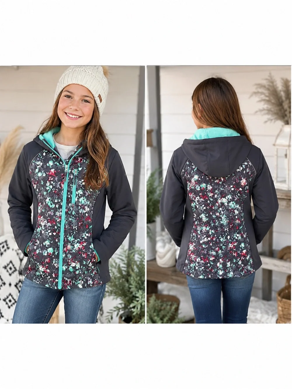 Free Country Girls Large 10/12 Floral Softshell Fleece Lined Hooded Jacket
